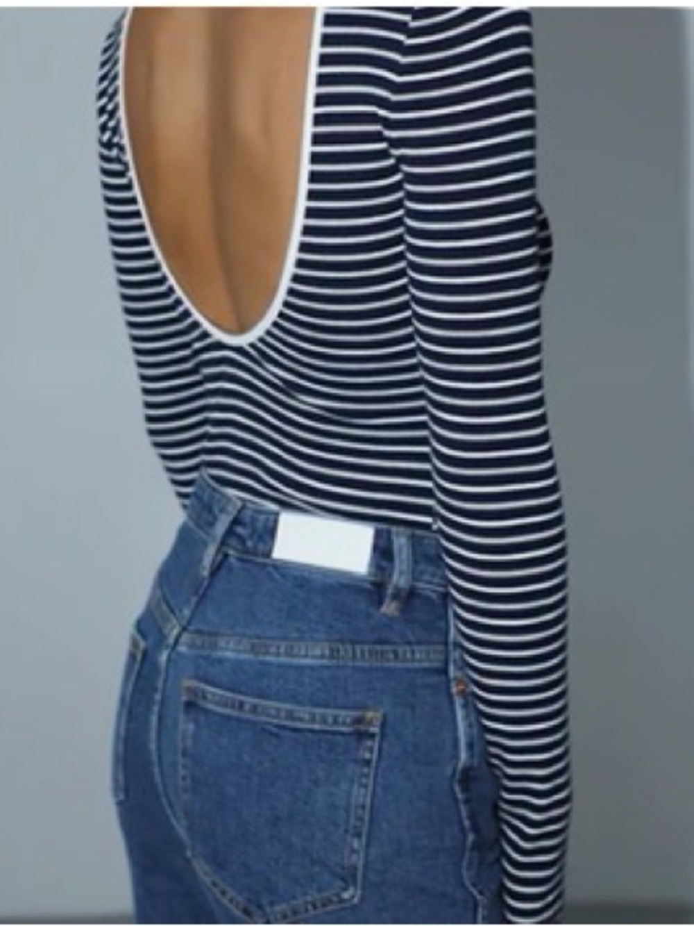 Commense Navy and White Striped Scoop-Back Bodysuit